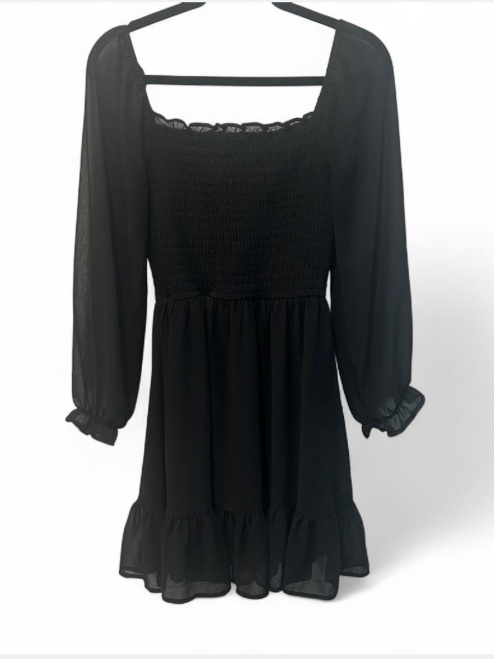 Black Mini Dress Sheer Long Sleeve Ruffle Hem Cottagecore Romantic Dress Size S